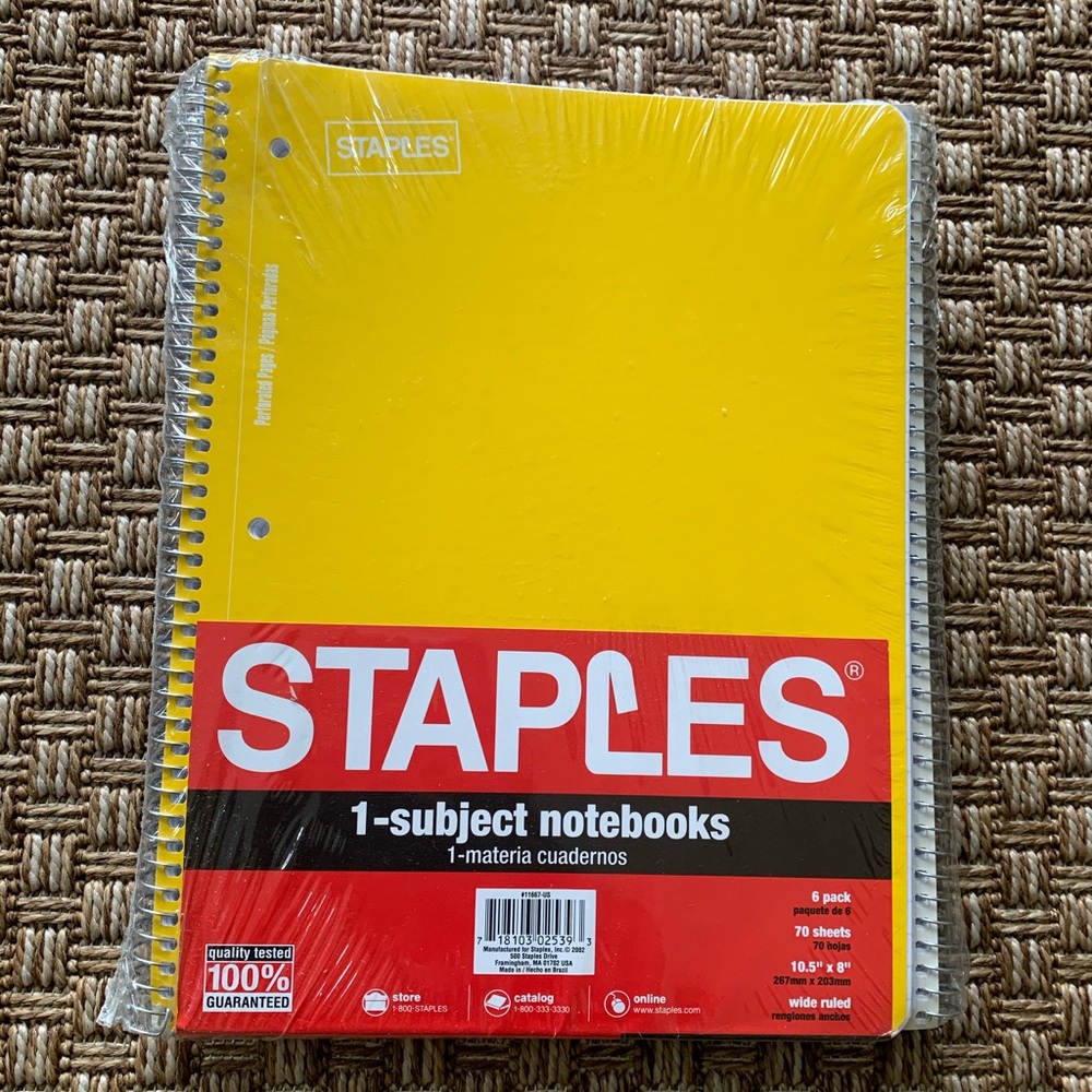 NWT 6 Pack Staples Wide Ruled 1 Subject Spiral Notebook, 8x10.5" 70 Sheets Each